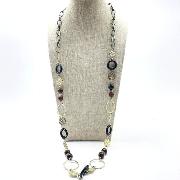 Black Brown Beaded Chain Necklace Open Link Mixed Metal Tones Hammered Classic - Picture 1 of 6